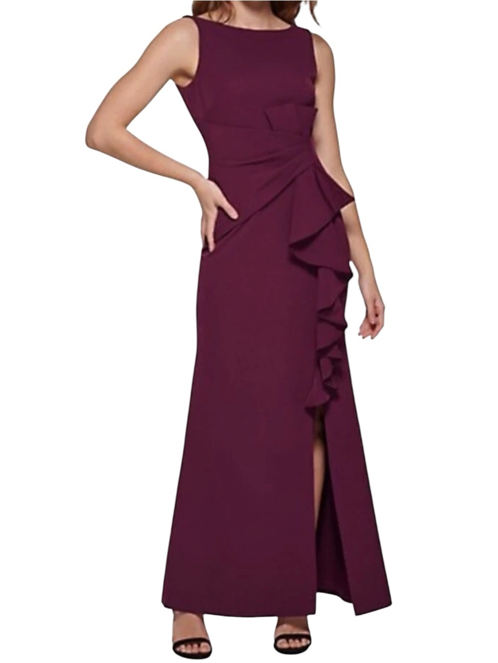 🌻Eliza J Cascading Ruffle Front Gown Plum Burgundy Sleeveless Formal Dress sz 4
